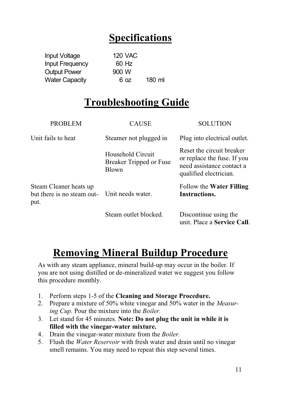Removing mineral buildup procedure, Specifications, Troubleshooting guide | Top Innovations SF-220 User Manual | Page 11 / 12