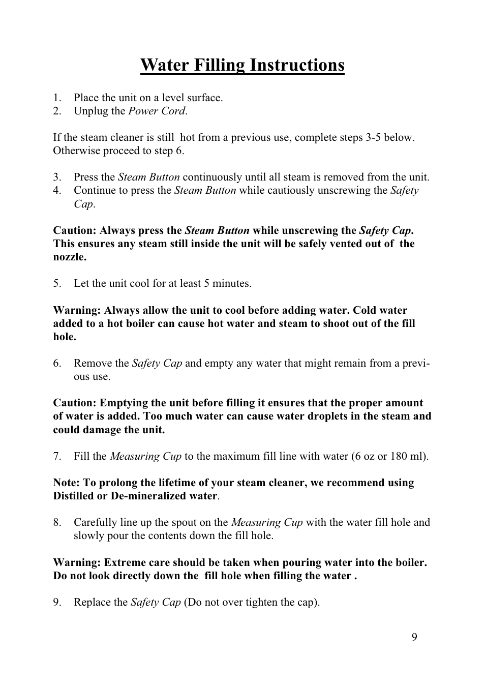 Water filling instructions | Top Innovations SF-220 User Manual | Page 9 / 12