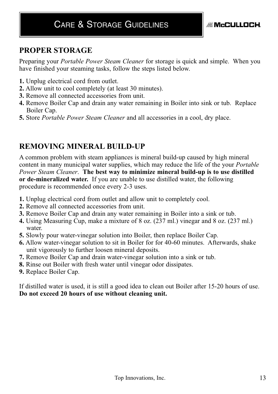 Proper storage, Removing mineral build-up | Top Innovations MCCULLOCH MC1246 User Manual | Page 13 / 16