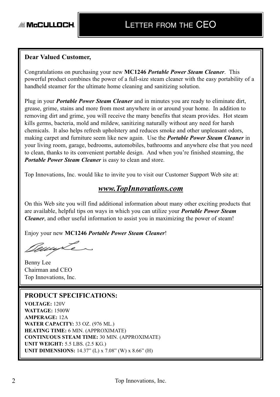 Top Innovations MCCULLOCH MC1246 User Manual | Page 2 / 16
