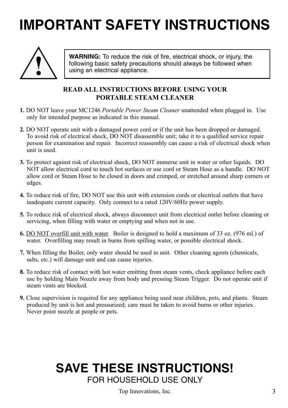 Important safety instructions, Save these instructions, For household use only | Top Innovations MCCULLOCH MC1246 User Manual | Page 3 / 16