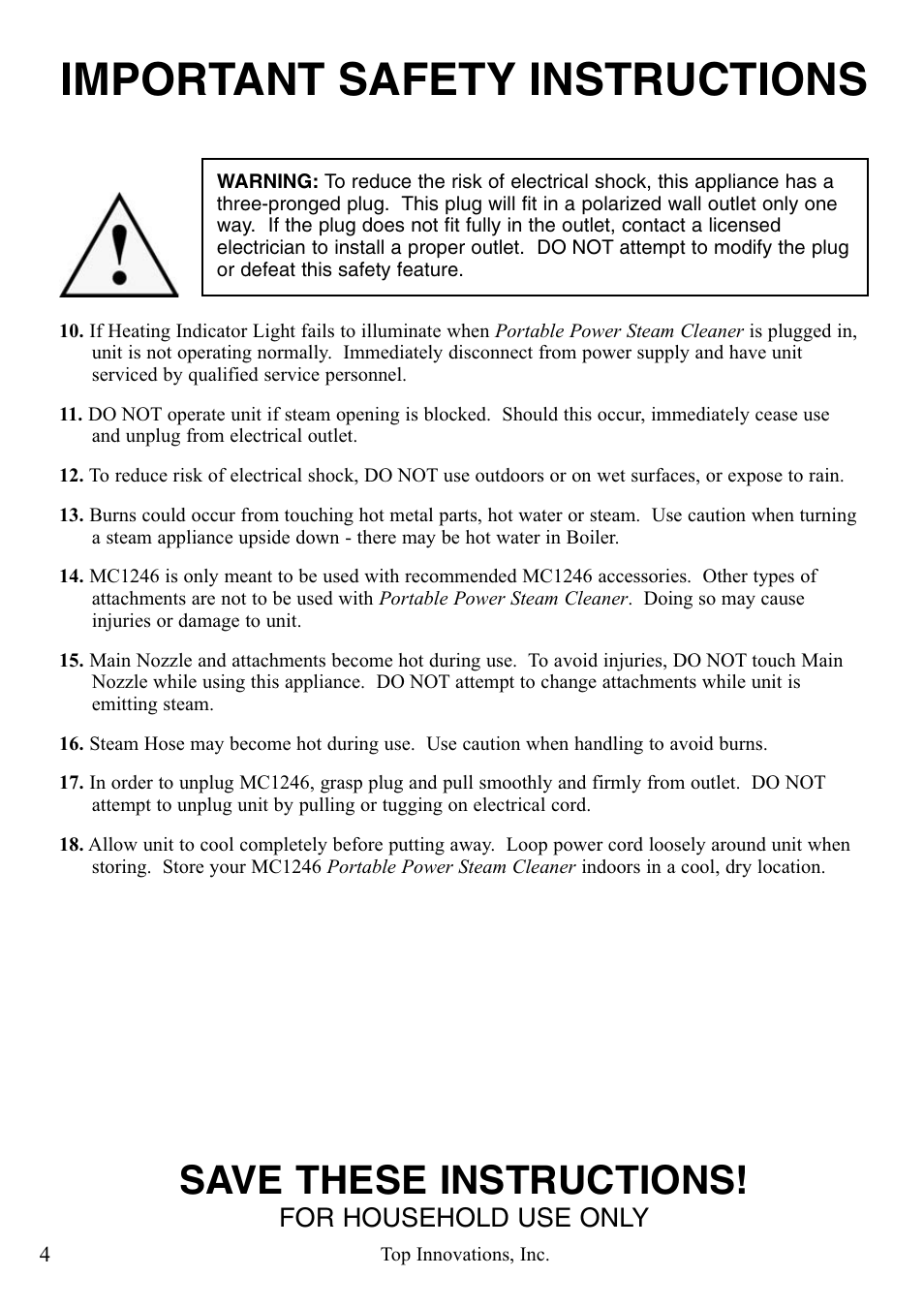 Important safety instructions, Save these instructions, For household use only | Top Innovations MCCULLOCH MC1246 User Manual | Page 4 / 16