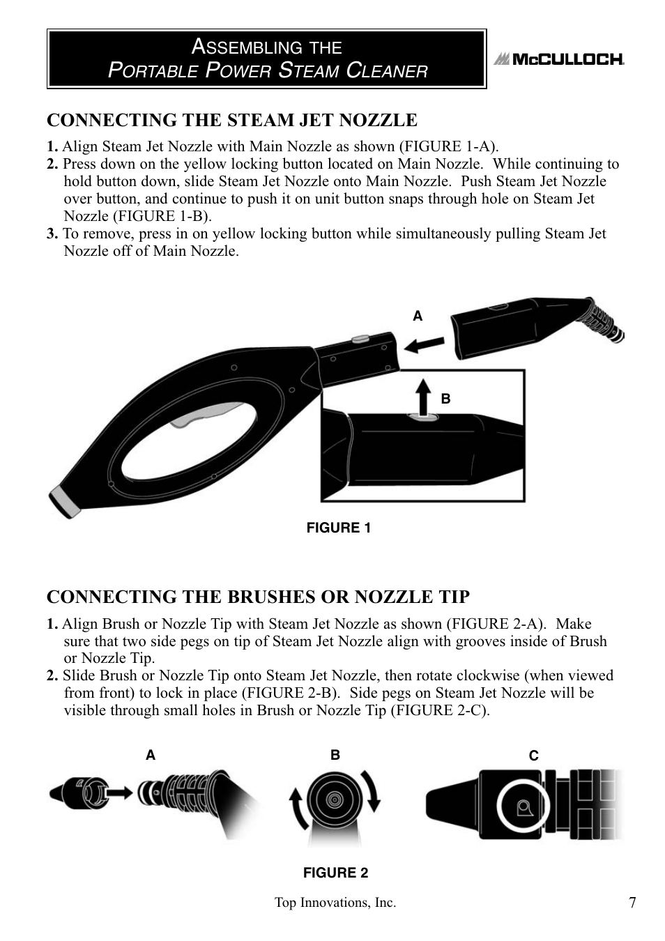 Connecting the steam jet nozzle, Connecting the brushes or nozzle tip | Top Innovations MCCULLOCH MC1246 User Manual | Page 7 / 16