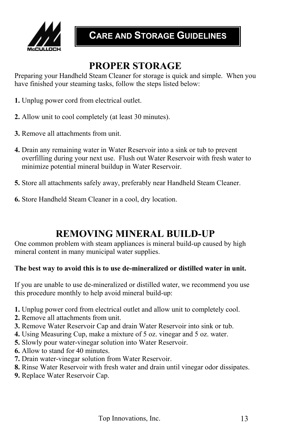 Proper storage, Removing mineral build-up | Top Innovations MC1227 User Manual | Page 13 / 16