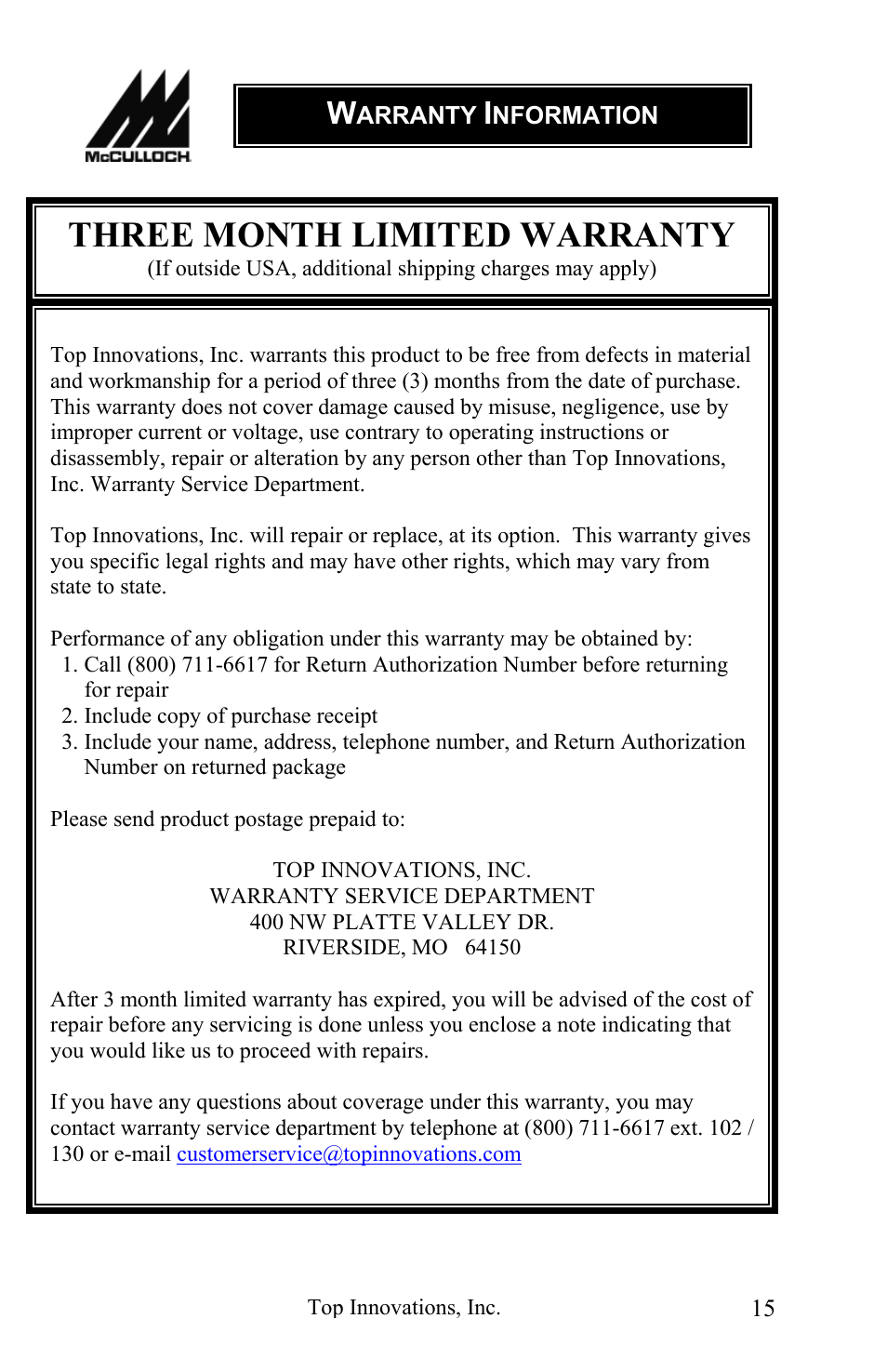 Three month limited warranty | Top Innovations MC1227 User Manual | Page 15 / 16