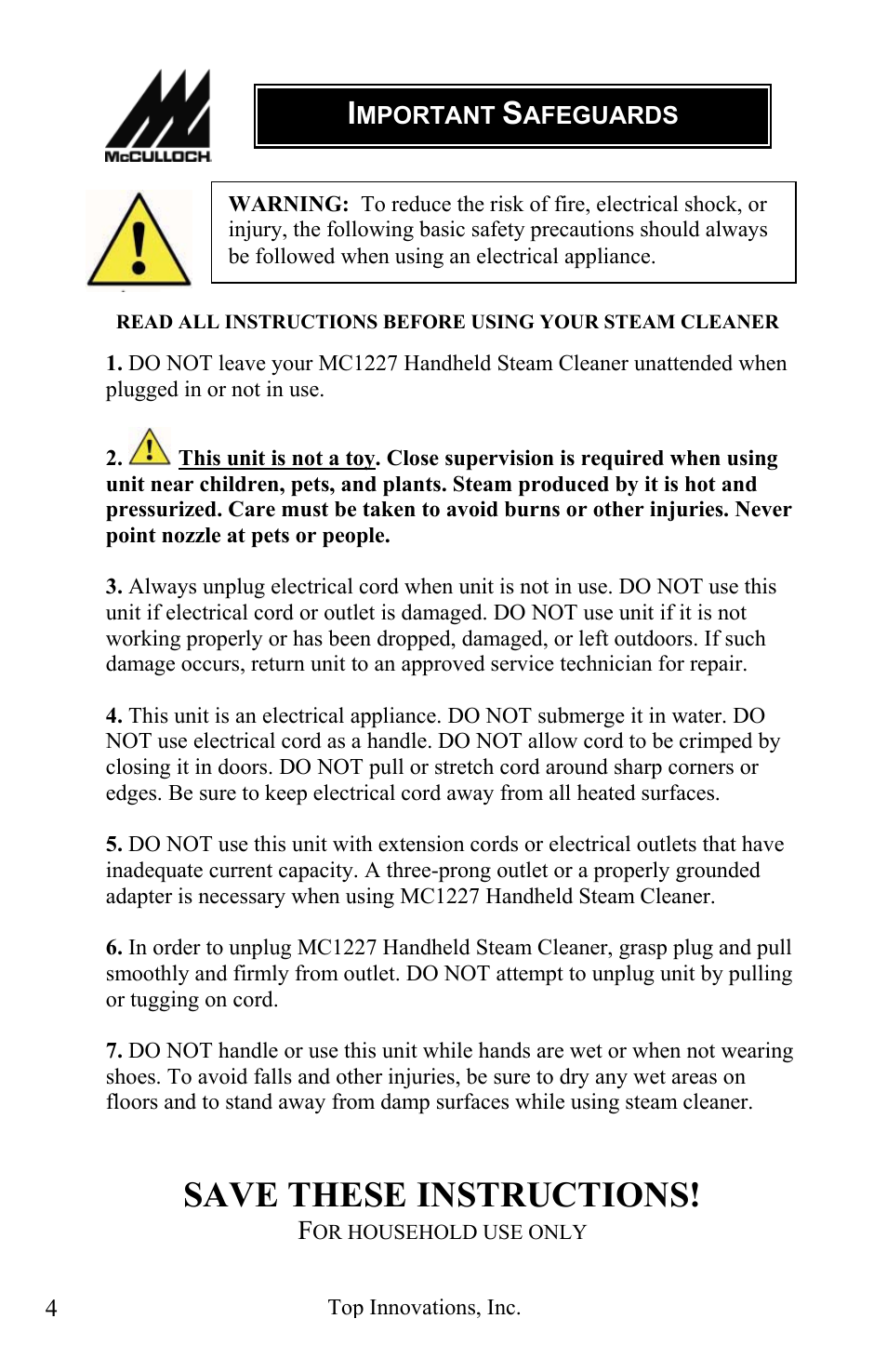 Save these instructions | Top Innovations MC1227 User Manual | Page 4 / 16