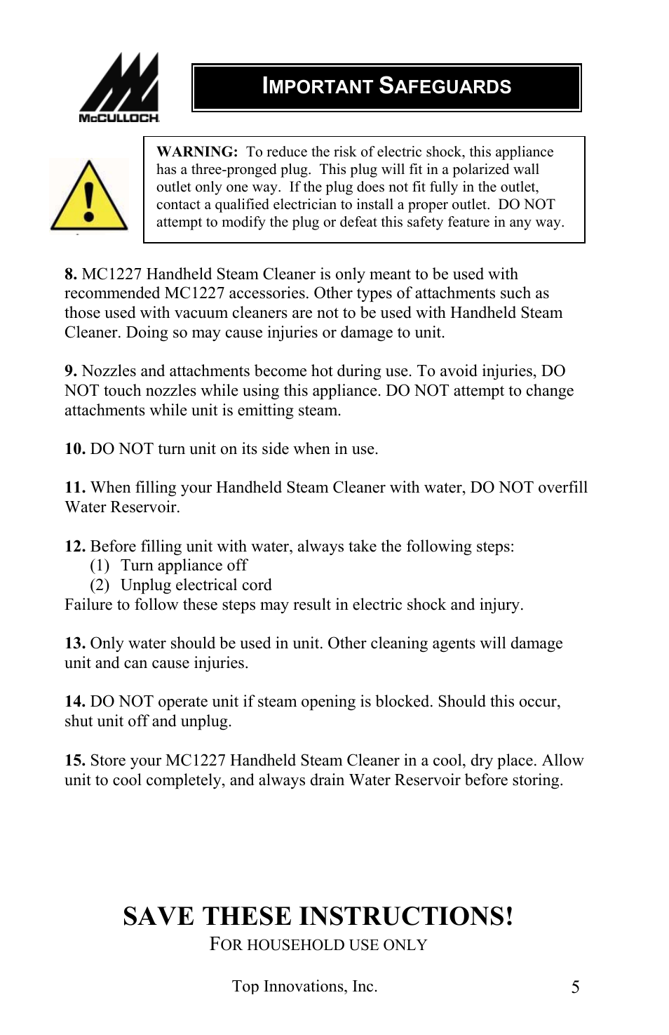 Save these instructions | Top Innovations MC1227 User Manual | Page 5 / 16