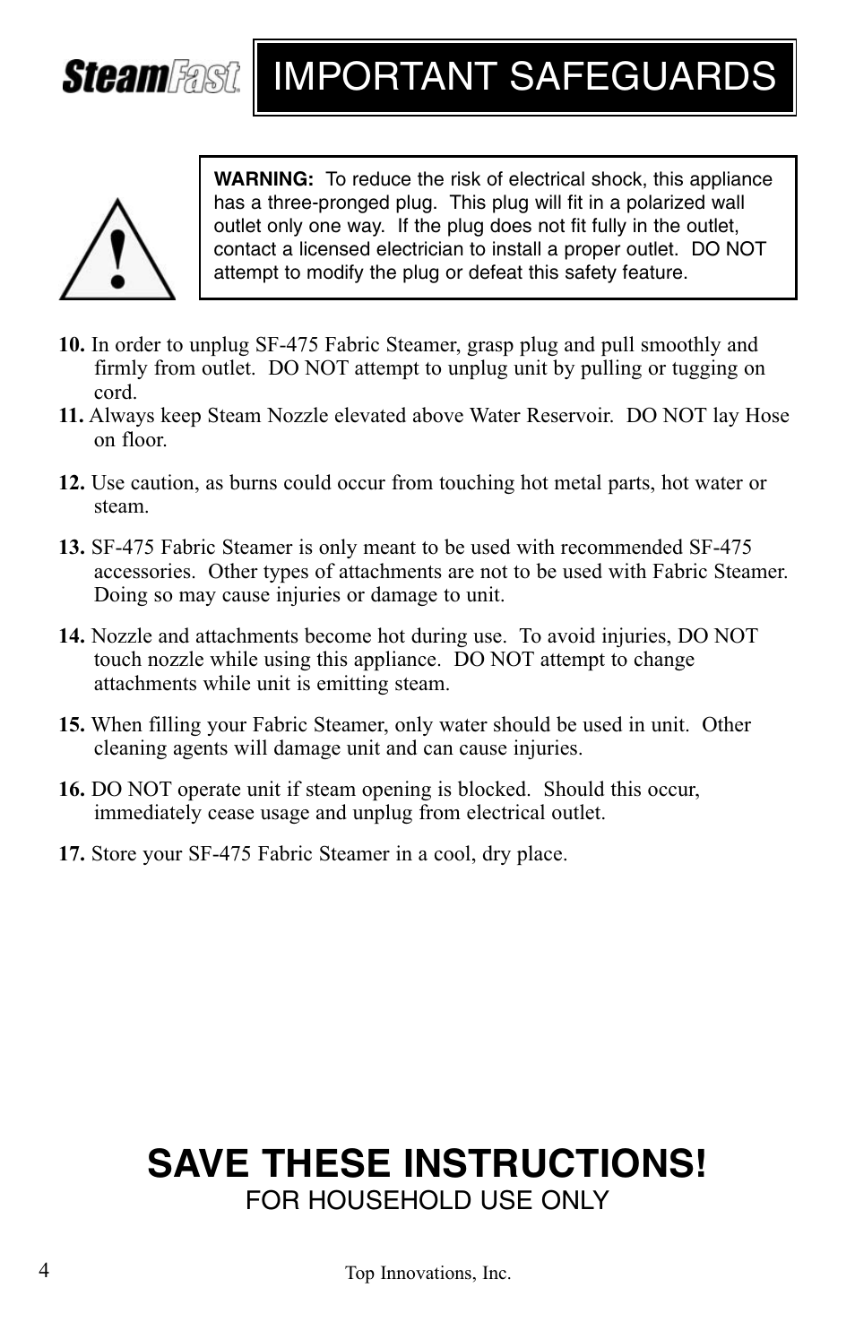 Save these instructions, Important safeguards | Top Innovations SF-475 User Manual | Page 4 / 16