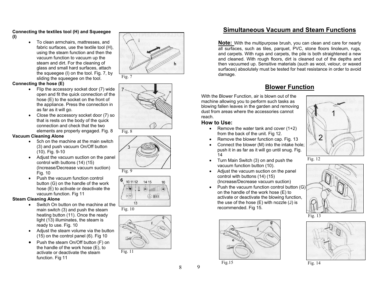 Simultaneous vacuum and steam functions, Blower function | Top Innovations SF-850 User Manual | Page 5 / 8