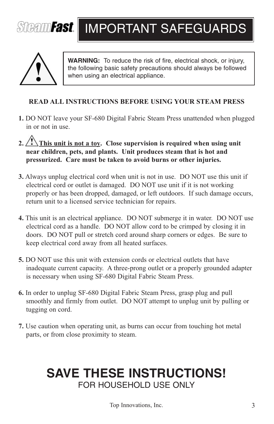 Important safeguards save these instructions | Top Innovations SF-680 User Manual | Page 3 / 12