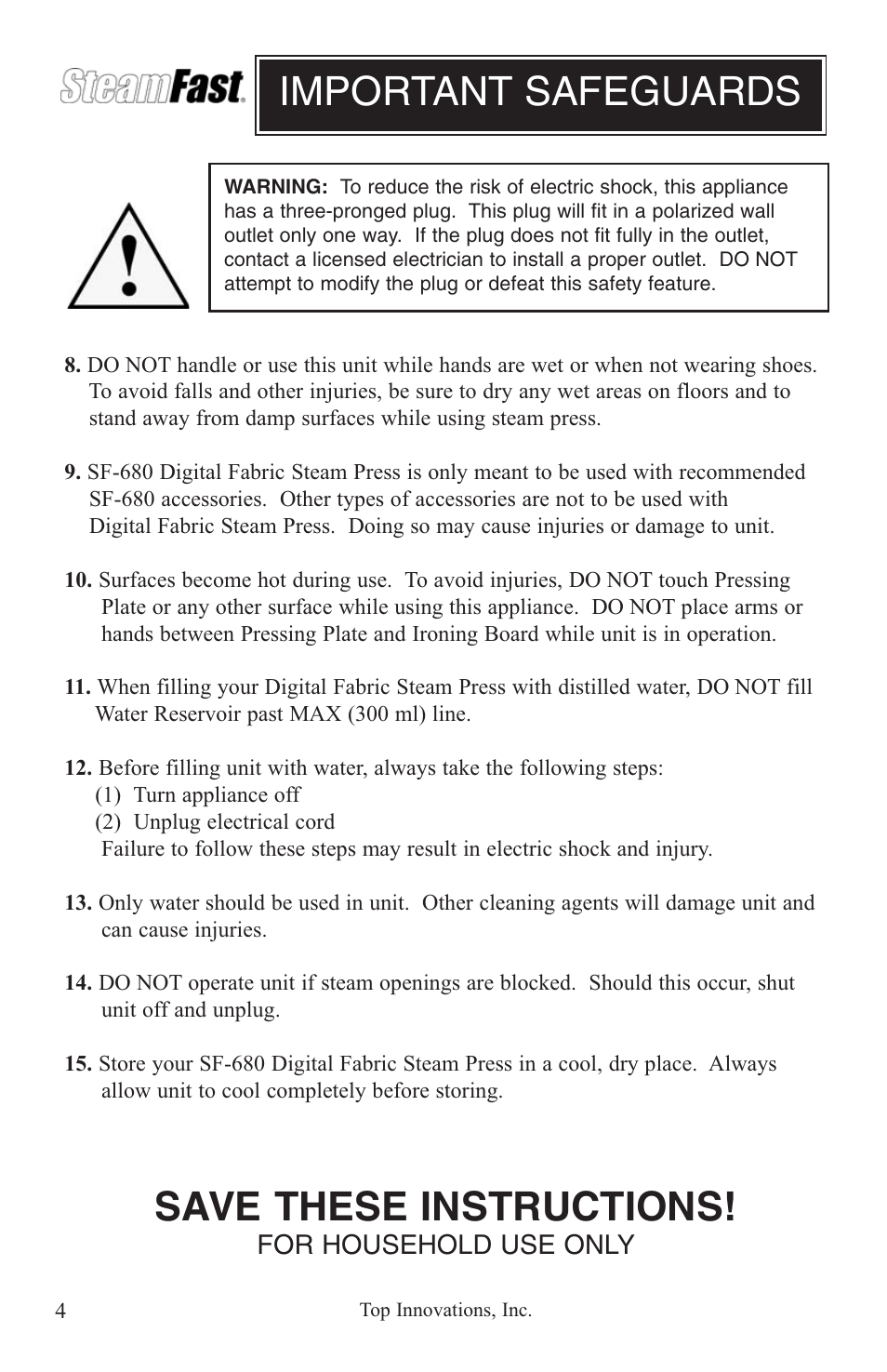 Important safeguards save these instructions | Top Innovations SF-680 User Manual | Page 4 / 12