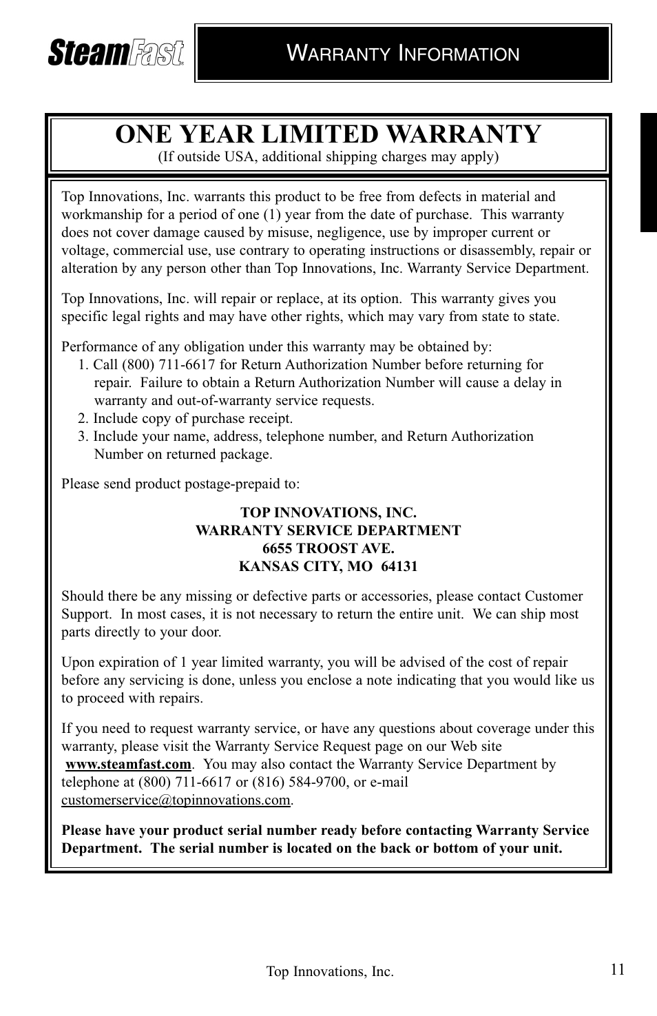 One year limited warranty | Top Innovations STEAM FAST SP-660 User Manual | Page 11 / 36