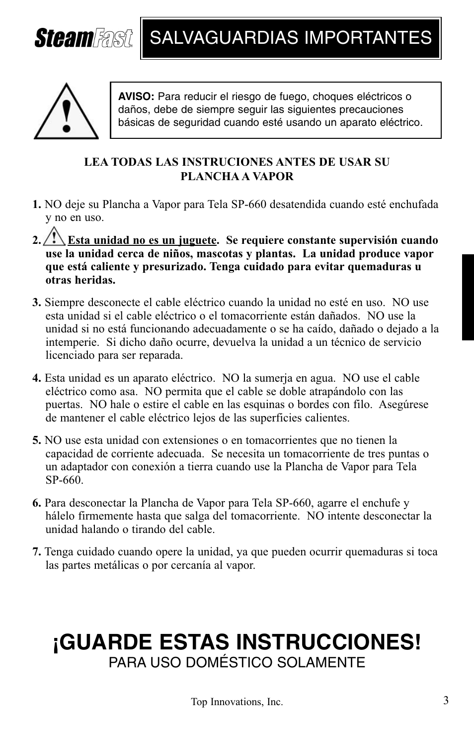 Guarde estas instrucciones, Salvaguardias importantes | Top Innovations STEAM FAST SP-660 User Manual | Page 15 / 36