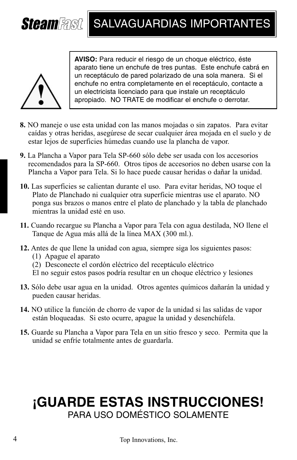 Guarde estas instrucciones, Salvaguardias importantes | Top Innovations STEAM FAST SP-660 User Manual | Page 16 / 36