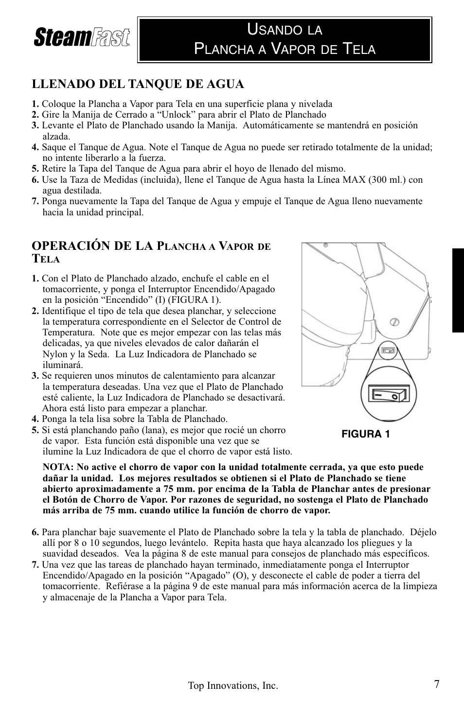 Llenado del tanque de agua, Operación de la p | Top Innovations STEAM FAST SP-660 User Manual | Page 19 / 36