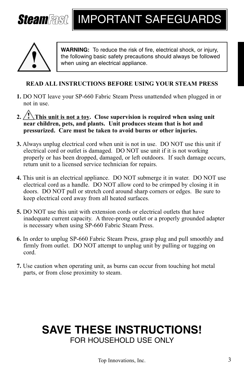 Save these instructions, Important safeguards | Top Innovations STEAM FAST SP-660 User Manual | Page 3 / 36