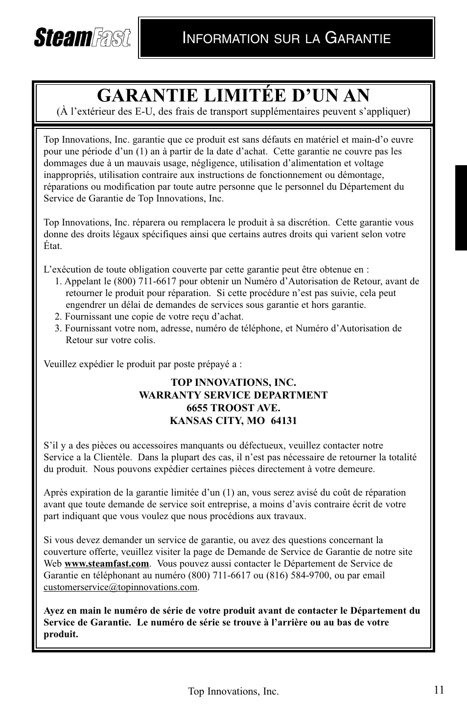 Garantie limitée d’un an, Nformation sur la, Arantie | Top Innovations STEAM FAST SP-660 User Manual | Page 35 / 36