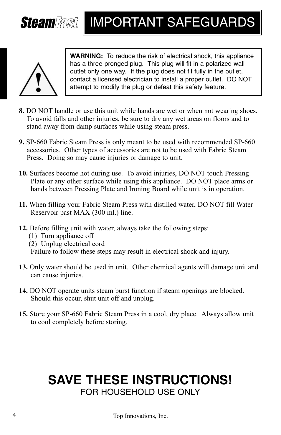 Save these instructions, Important safeguards | Top Innovations STEAM FAST SP-660 User Manual | Page 4 / 36