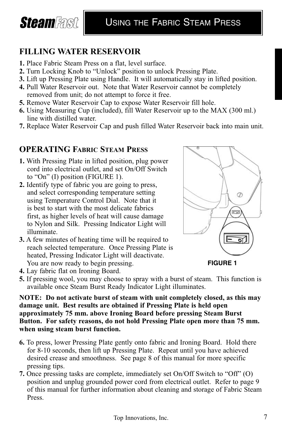 Filling water reservoir, Operating f | Top Innovations STEAM FAST SP-660 User Manual | Page 7 / 36