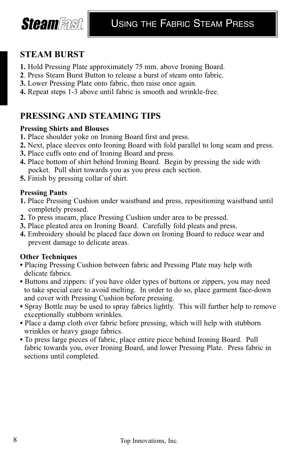 Top Innovations STEAM FAST SP-660 User Manual | Page 8 / 36