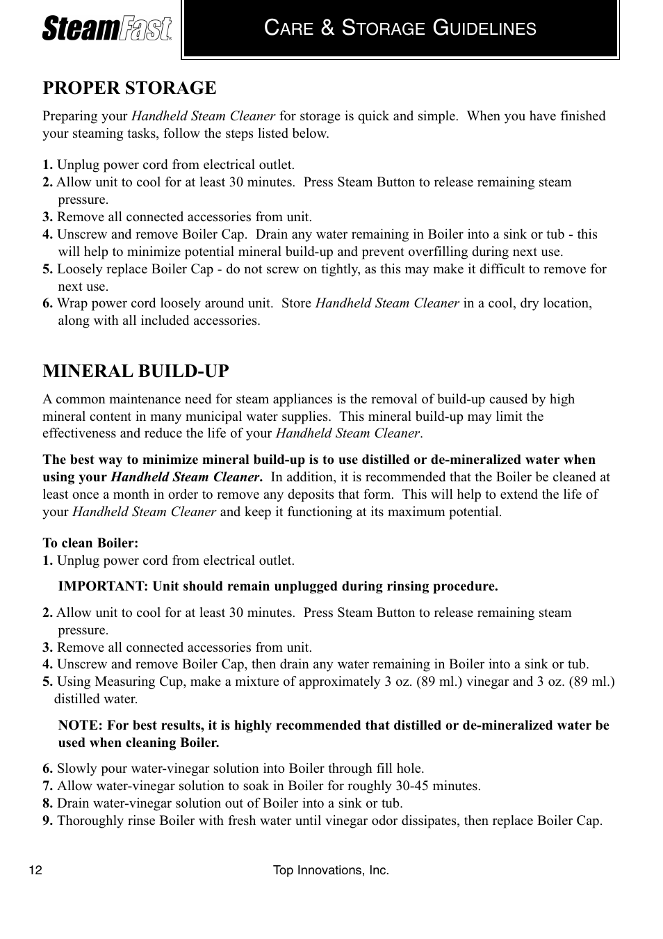 Proper storage, Mineral build-up | Top Innovations SF-226 User Manual | Page 12 / 16