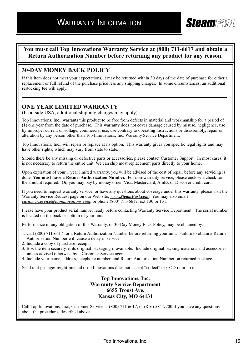 Arranty, Nformation, One year limited warranty | Top Innovations SF-226 User Manual | Page 15 / 16