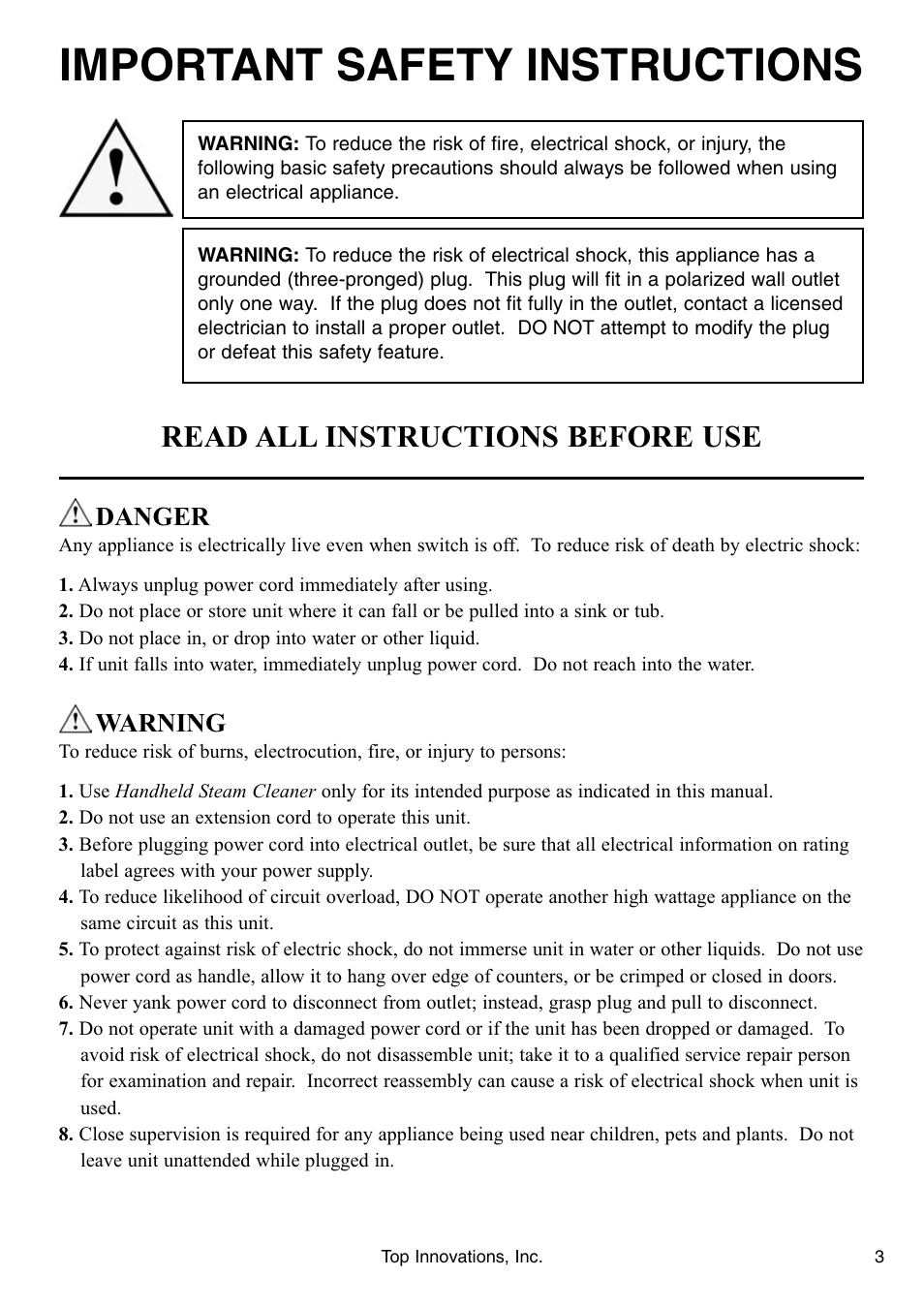 Important safety instructions, Read all instructions before use, Danger | Warning | Top Innovations SF-226 User Manual | Page 3 / 16