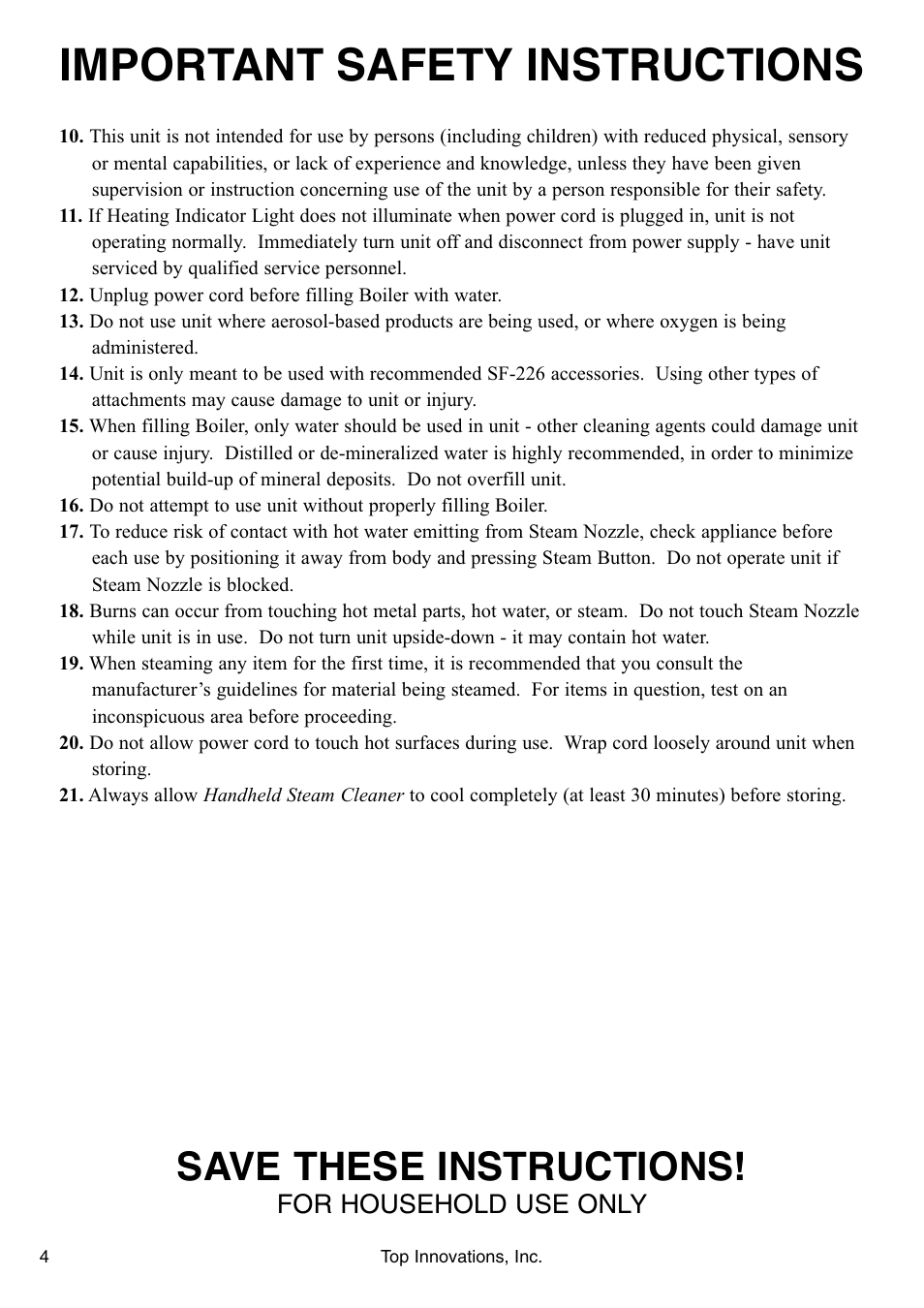 Important safety instructions, Save these instructions, For household use only | Top Innovations SF-226 User Manual | Page 4 / 16