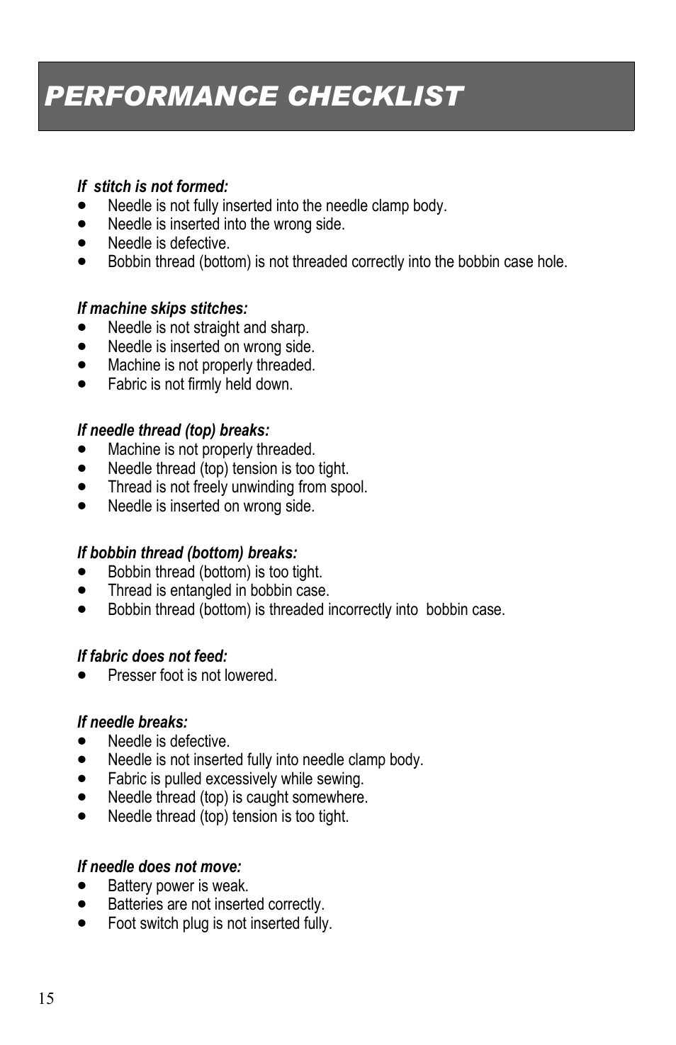 Performance checklist | Top Innovations SP-403 User Manual | Page 17 / 22