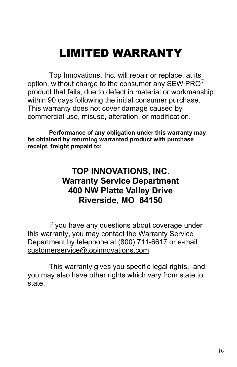 Limited warranty | Top Innovations SP-403 User Manual | Page 19 / 22
