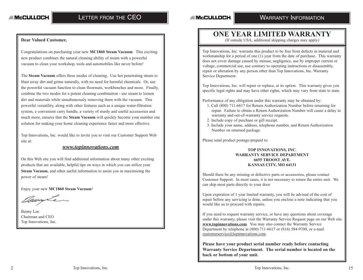 One year limited warranty | Top Innovations MODEL MC1860 User Manual | Page 2 / 8