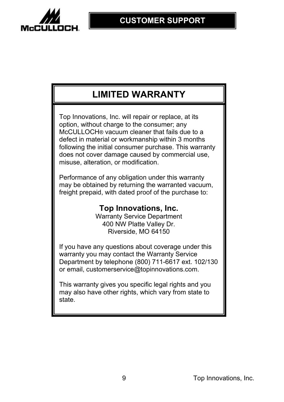 Limited warranty | Top Innovations MC1910 User Manual | Page 10 / 11