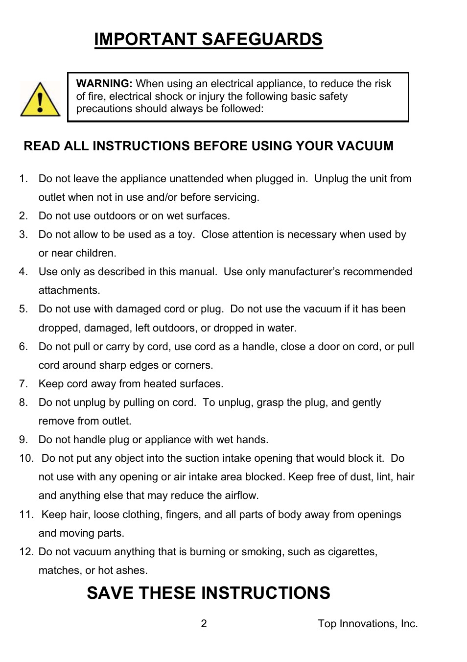 Important safeguards, Save these instructions | Top Innovations MC1910 User Manual | Page 3 / 11