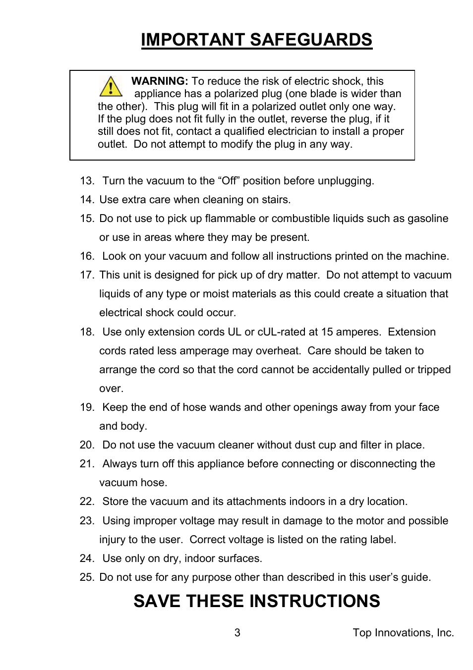 Important safeguards, Save these instructions | Top Innovations MC1910 User Manual | Page 4 / 11