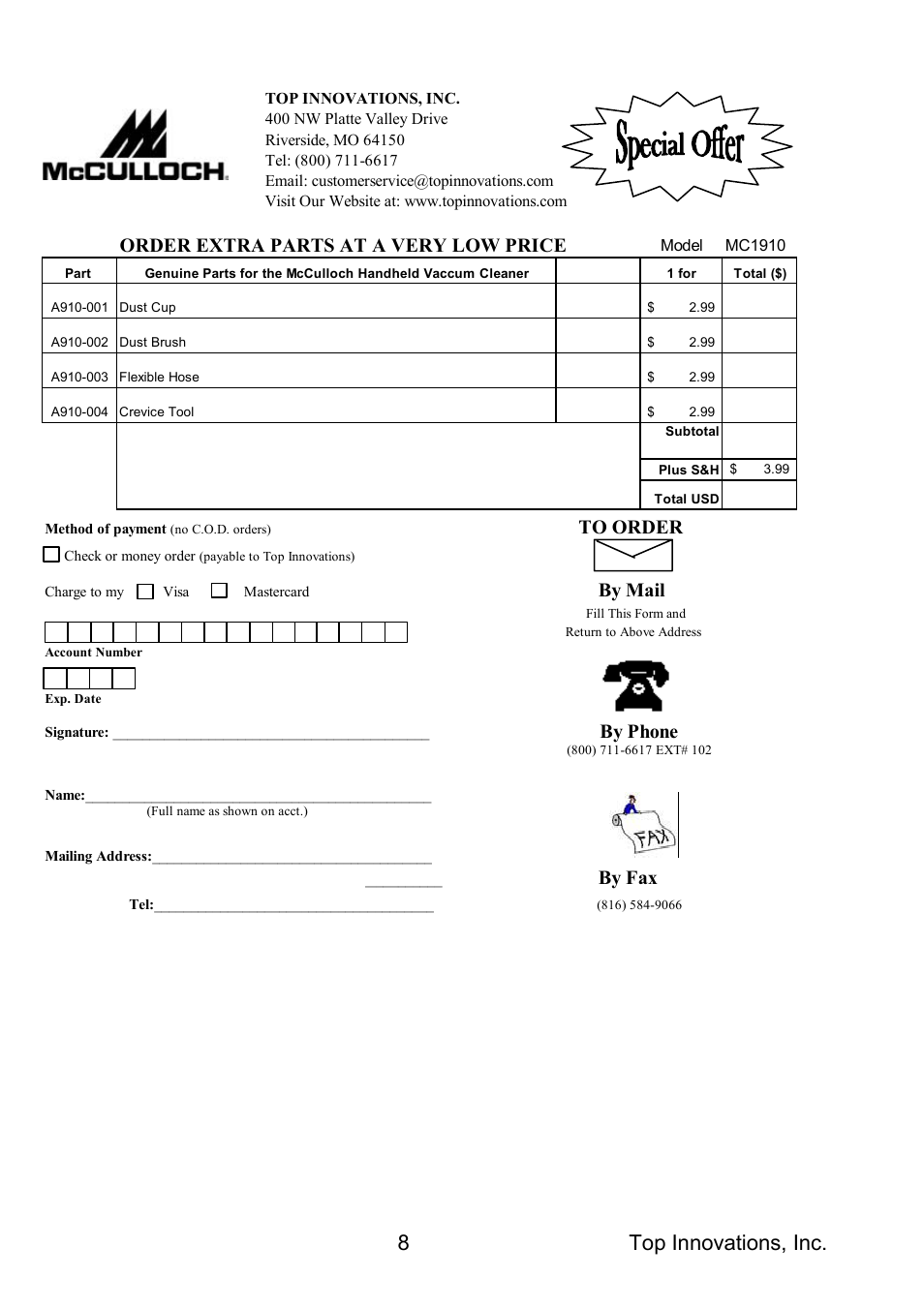 8 top innovations, inc, Order extra parts at a very low price, By mail | By fax, By phone | Top Innovations MC1910 User Manual | Page 9 / 11