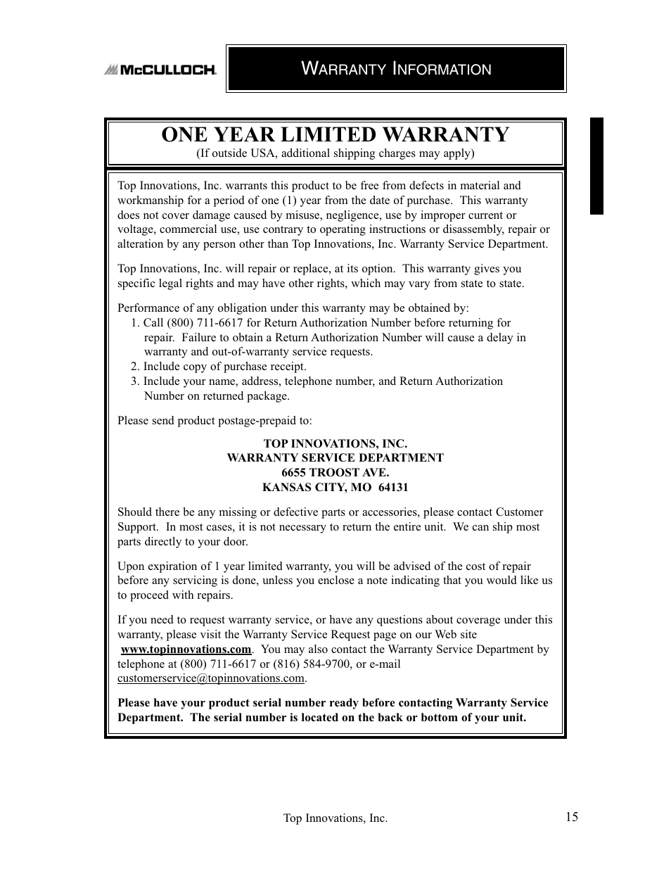 One year limited warranty | Top Innovations MC1407 User Manual | Page 15 / 48
