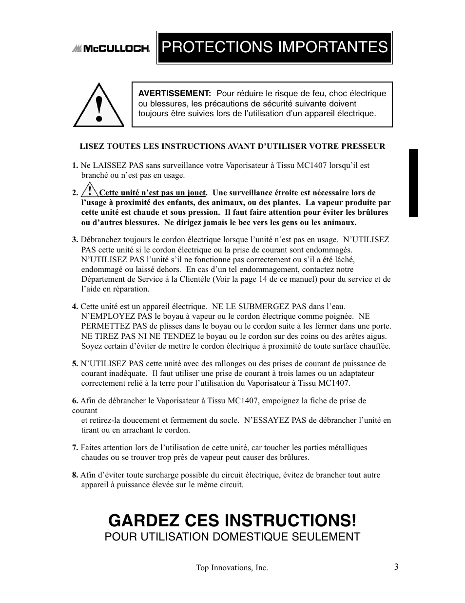 Gardez ces instructions, Protections importantes, Pour utilisation domestique seulement | Top Innovations MC1407 User Manual | Page 19 / 48