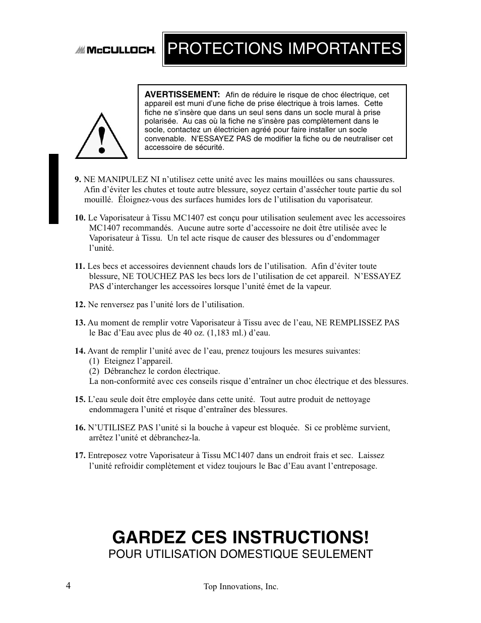 Gardez ces instructions, Protections importantes, Pour utilisation domestique seulement | Top Innovations MC1407 User Manual | Page 20 / 48