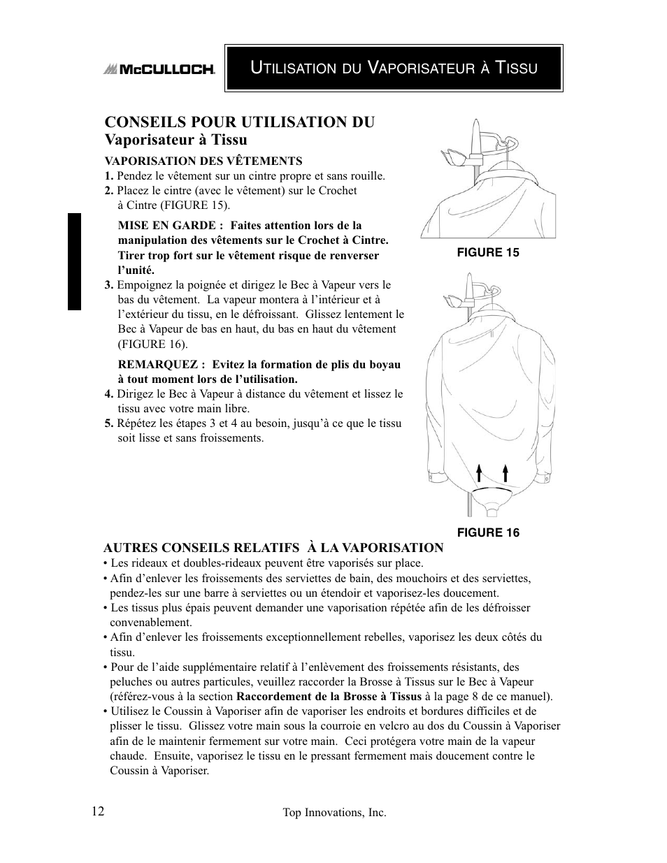 Conseils pour utilisation du vaporisateur à tissu | Top Innovations MC1407 User Manual | Page 28 / 48