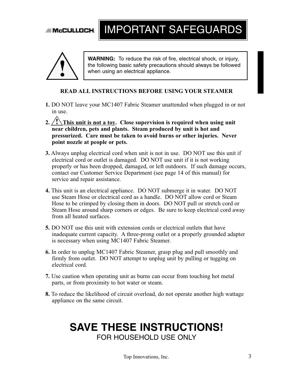 Save these instructions, Important safeguards | Top Innovations MC1407 User Manual | Page 3 / 48
