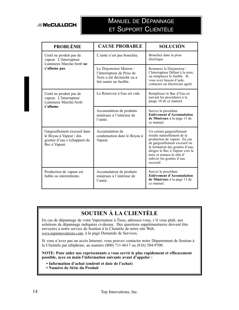 Soutien à la clientèle | Top Innovations MC1407 User Manual | Page 30 / 48