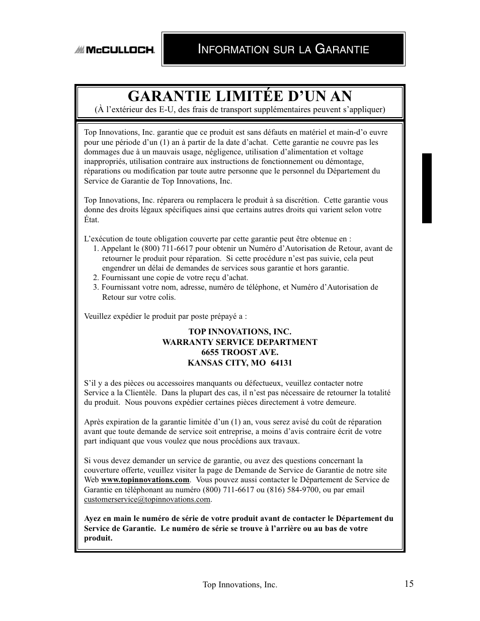 Garantie limitée d’un an | Top Innovations MC1407 User Manual | Page 31 / 48