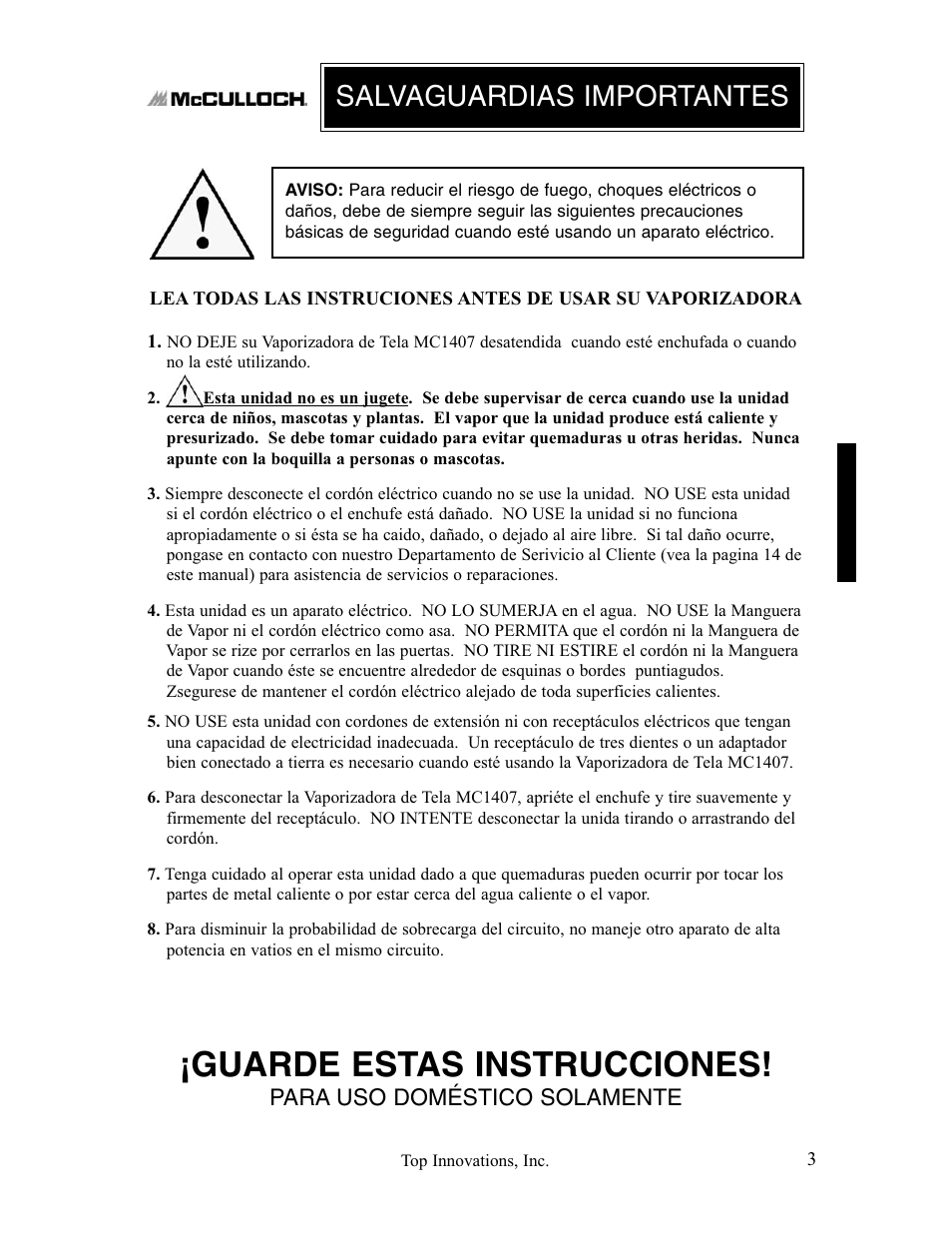 Guarde estas instrucciones, Salvaguardias importantes, Para uso doméstico solamente | Top Innovations MC1407 User Manual | Page 35 / 48