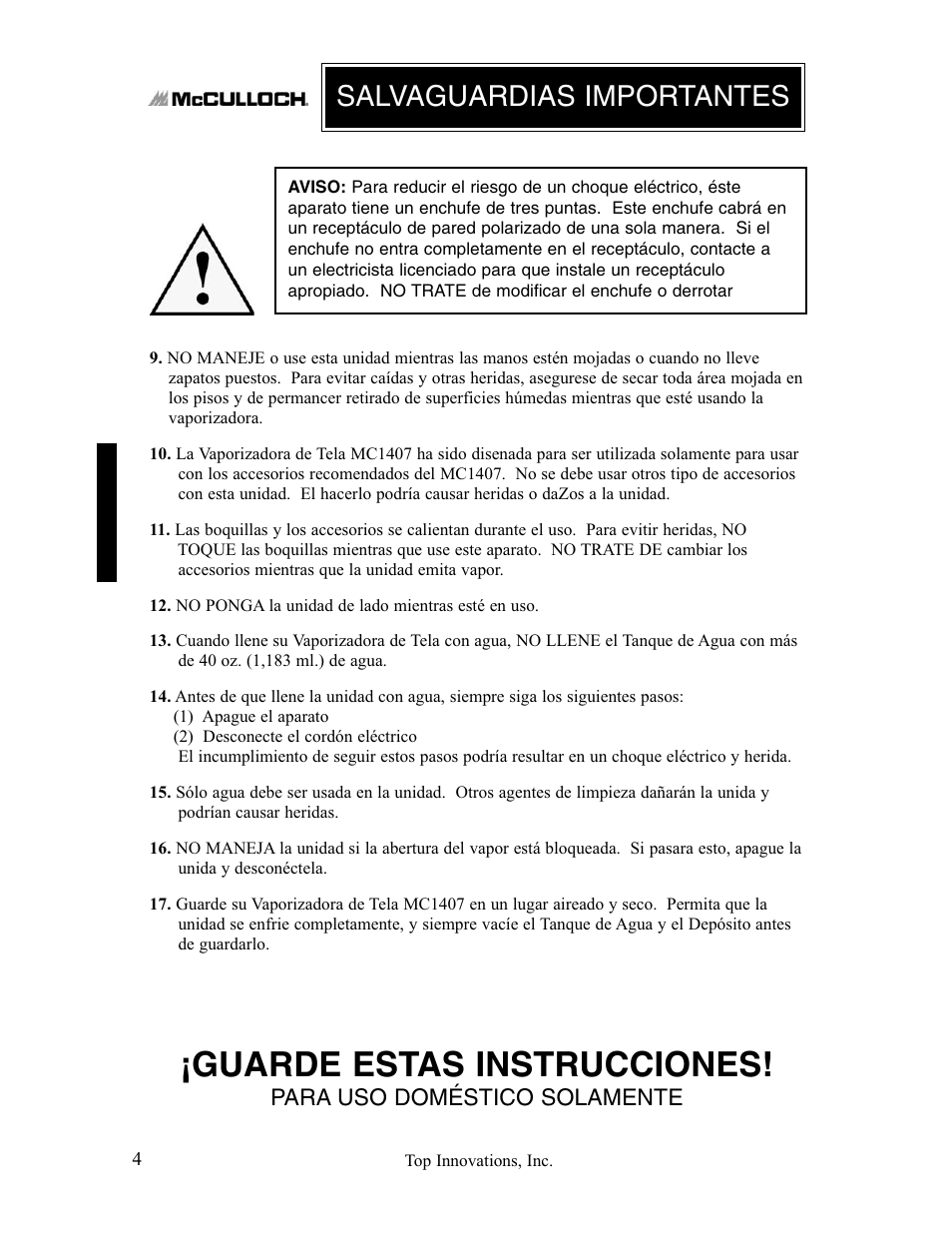 Guarde estas instrucciones, Salvaguardias importantes, Para uso doméstico solamente | Top Innovations MC1407 User Manual | Page 36 / 48