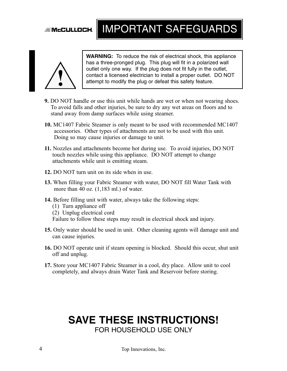 Save these instructions, Important safeguards | Top Innovations MC1407 User Manual | Page 4 / 48