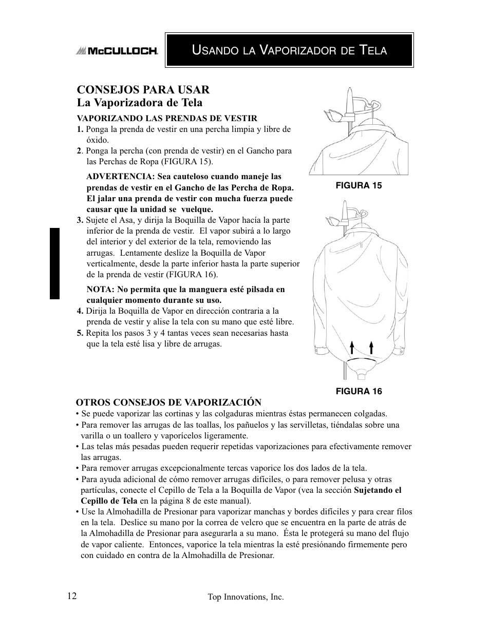 Consejos para usar la vaporizadora de tela | Top Innovations MC1407 User Manual | Page 44 / 48