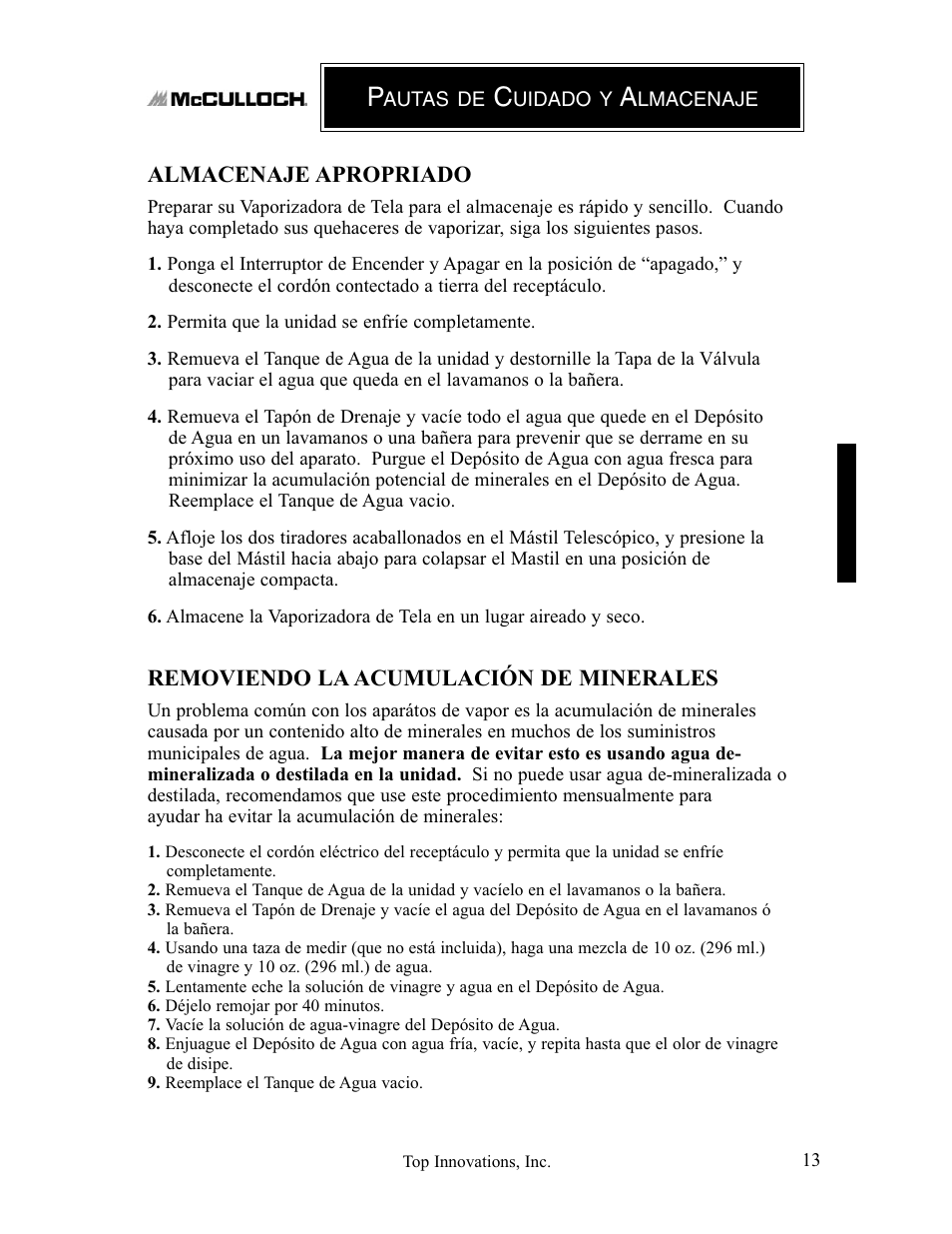 Almacenaje apropriado, Removiendo la acumulación de minerales | Top Innovations MC1407 User Manual | Page 45 / 48