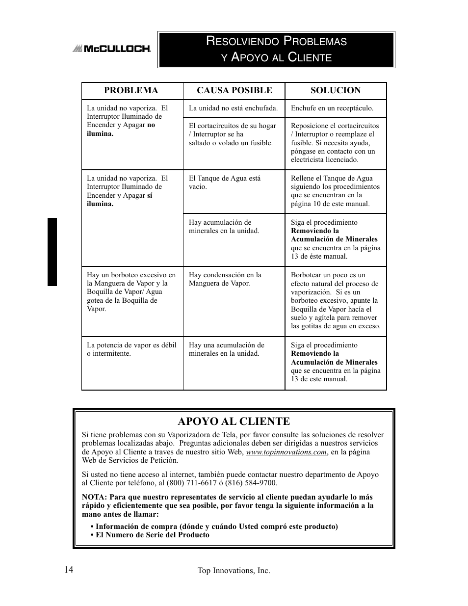 Apoyo al cliente | Top Innovations MC1407 User Manual | Page 46 / 48