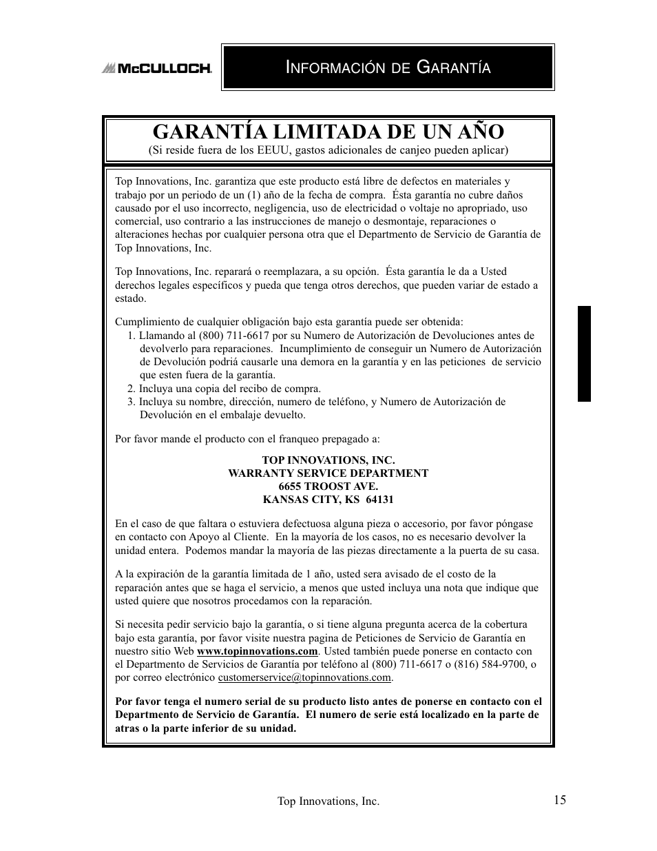 Garantía limitada de un año | Top Innovations MC1407 User Manual | Page 47 / 48