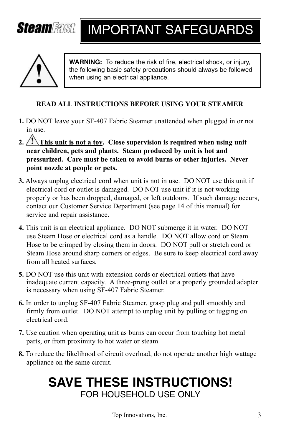 Important safeguards save these instructions | Top Innovations SF-407 User Manual | Page 3 / 16